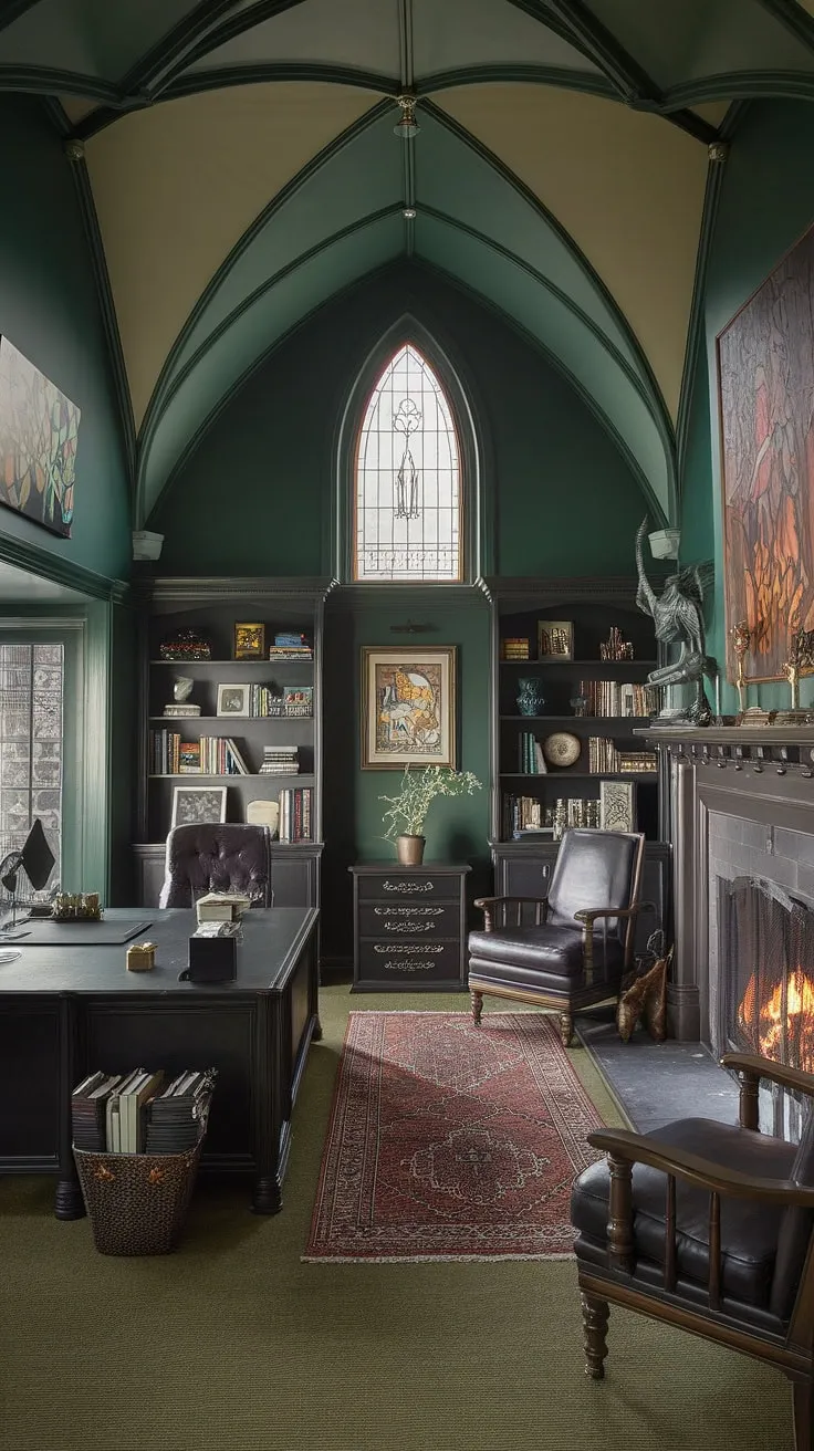 Lost in the pages of history, yet perfectly present. This gothic office, with its dark green hues, vaulted ceiling, and crackling fireplace, offers a sanctuary for focused work and quiet contemplation. The stained-glass window casts an ethereal glow, illuminating the rich wood and carefully curated artwork. A perfect blend of old-world charm and modern functionality.