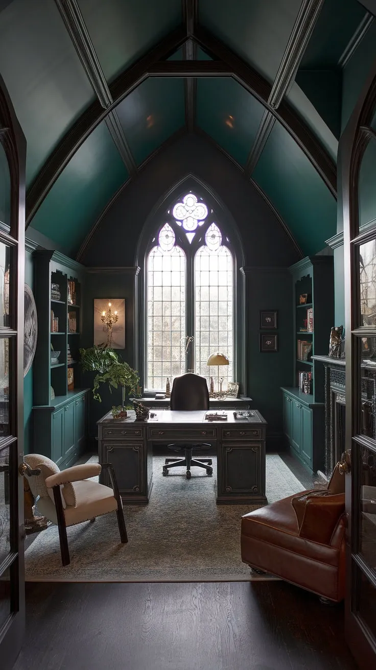 A deep green embrace. This gothic-inspired office, complete with vaulted ceilings, a roaring fireplace, and rich wood furnishings, is more than just a workspace; it's a sanctuary. The stained-glass window casts a mesmerizing light, while the overall ambiance fosters a sense of calm and focused energy. A place where ideas take flight.