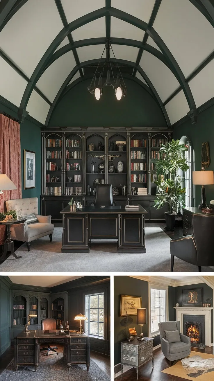 Escape the mundane in this gothic sanctuary. Dark wood, vaulted ceilings, and a curated collection of books create an atmosphere of focused creativity, where even the reading nook whispers of inspiration. A haven for the soul, this office is a testament to the power of personal style.