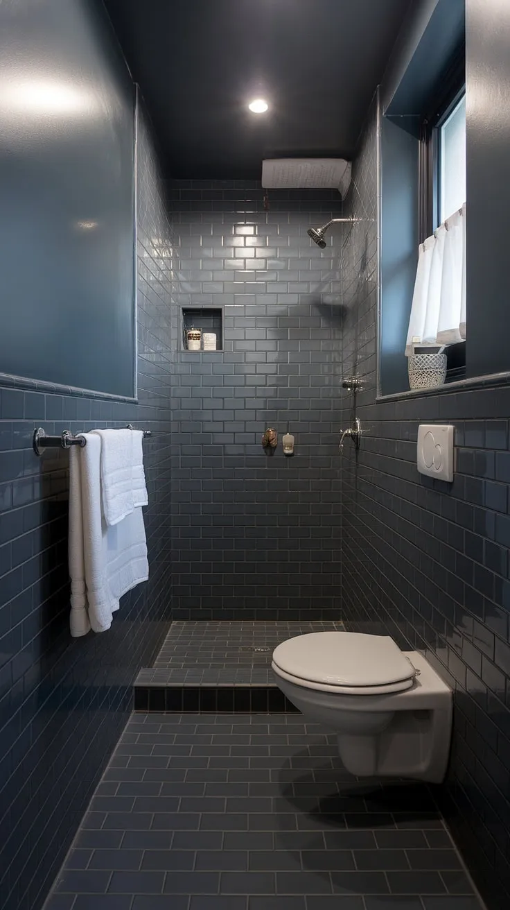 This dark grey tile bathroom showcases how impactful grey bathroom tiles can be, even in small grey bathrooms. The perfect blend of bathroom design styles and a calming bathroom paint choice.