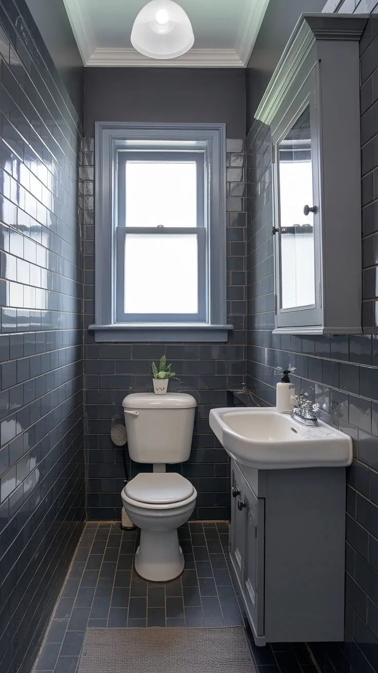 This small grey bathroom boasts a sophisticated and calming atmosphere. The dark grey tile bathroom, with its grey bathroom tiles, creates a sleek backdrop for the white fixtures. The grey bathroom designs are minimalist yet elegant, showcasing a cohesive palette. Note the thoughtful use of grey bathroom paint and the small grey bathrooms' efficient layout.