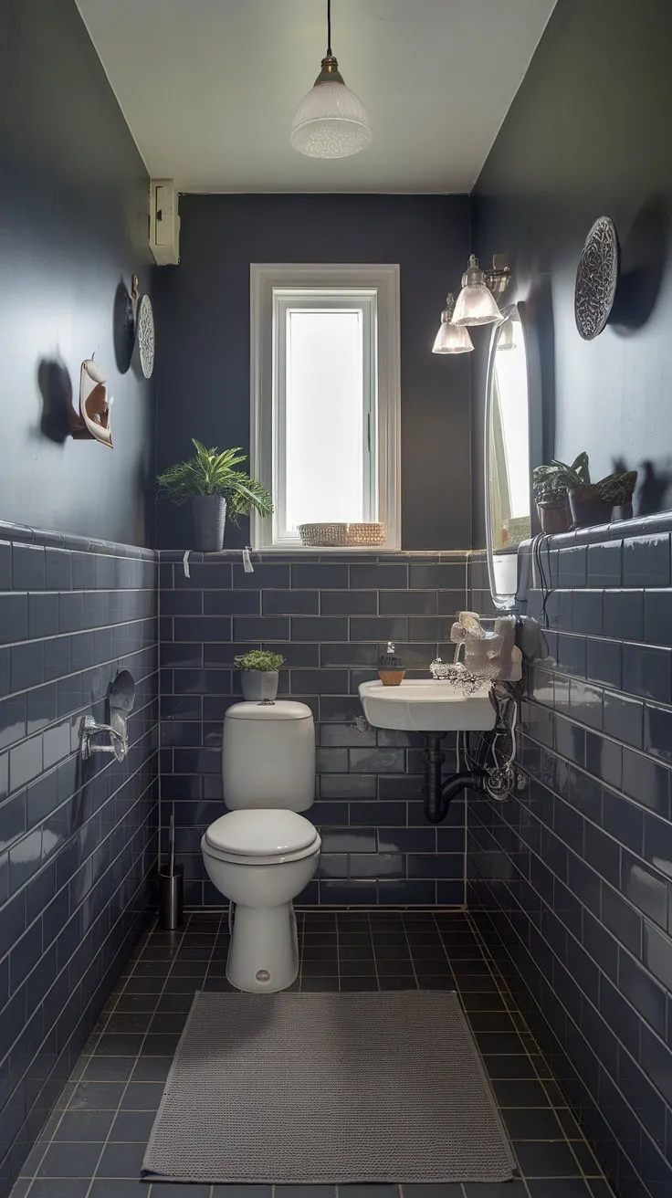 This dark grey tile bathroom showcases how impactful grey bathroom paint and clever bathroom design styles can be, even in small grey bathrooms. A testament to the beauty of dark bathrooms.