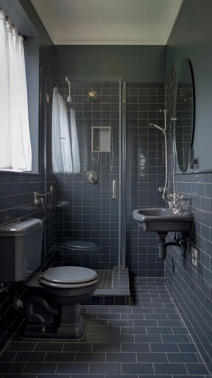 A stunning example of dark bathrooms done right. This small grey bathrooms utilizes dark grey tile bathroom walls and flooring to create a dramatic yet functional space. The grey bathroom tiles and grey bathroom paint work together seamlessly, while the glass shower door and white curtains add subtle brightness. This compact design demonstrates the versatility of grey bathroom designs in even the smallest of spaces.
