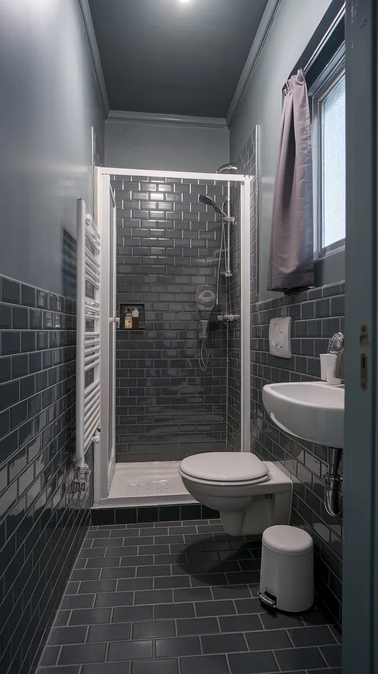 This dark grey tile bathroom is a masterclass in maximizing space. The grey bathroom paint and thoughtful placement of fixtures create a surprisingly spacious feel in this small grey bathrooms design. Explore the possibilities of dark bathrooms with this inspiring grey bathroom.