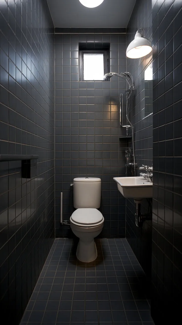Moody elegance meets minimalist design in this small grey bathroom. Dark grey tile bathroom features create a sophisticated sanctuary.