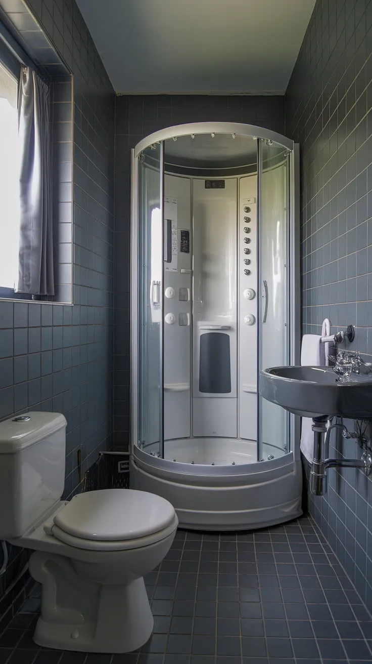 This dark grey tile bathroom showcases how effective grey bathroom designs can be in even the smallest spaces. Note the clever use of grey bathroom tiles and the strategic placement of white to brighten the dark bathrooms. Bathroom paint choices are key in achieving this look.