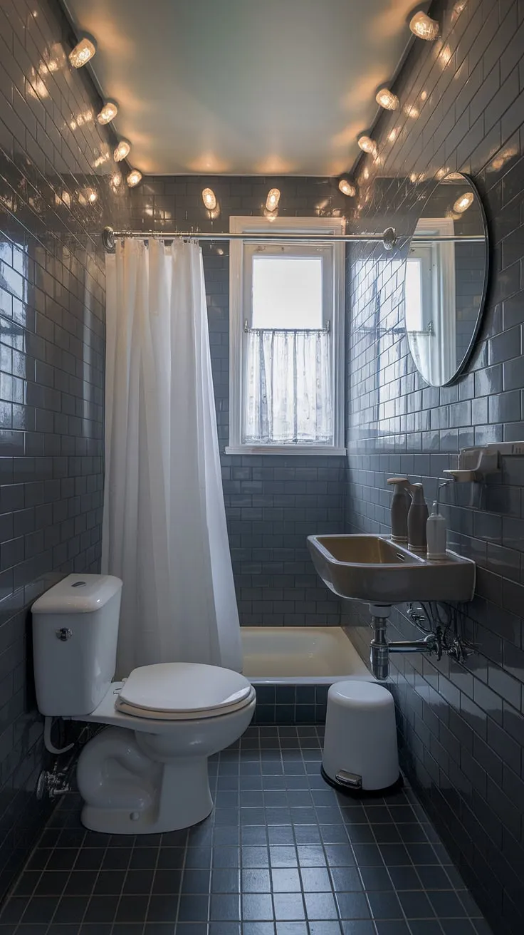 This small grey bathroom showcases a sophisticated blend of dark grey tile bathroom features and minimalist design. The grey bathroom tiles, coupled with the white fixtures and subtle lighting, create a calming atmosphere. This exemplifies some of the best grey bathroom designs, proving that even small grey bathrooms can be stylish and functional. The strategic use of bathroom paint and lighting enhances the overall aesthetic, offering inspiration for various bathroom design styles.