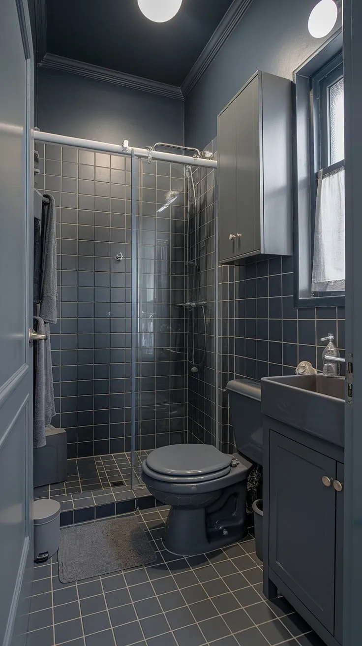 Modern minimalism meets functionality in this stunning gray bathroom. Dark grey tile bathroom design maximizes space in this small grey bathrooms, showcasing chic grey bathroom tiles and sophisticated bathroom design styles.