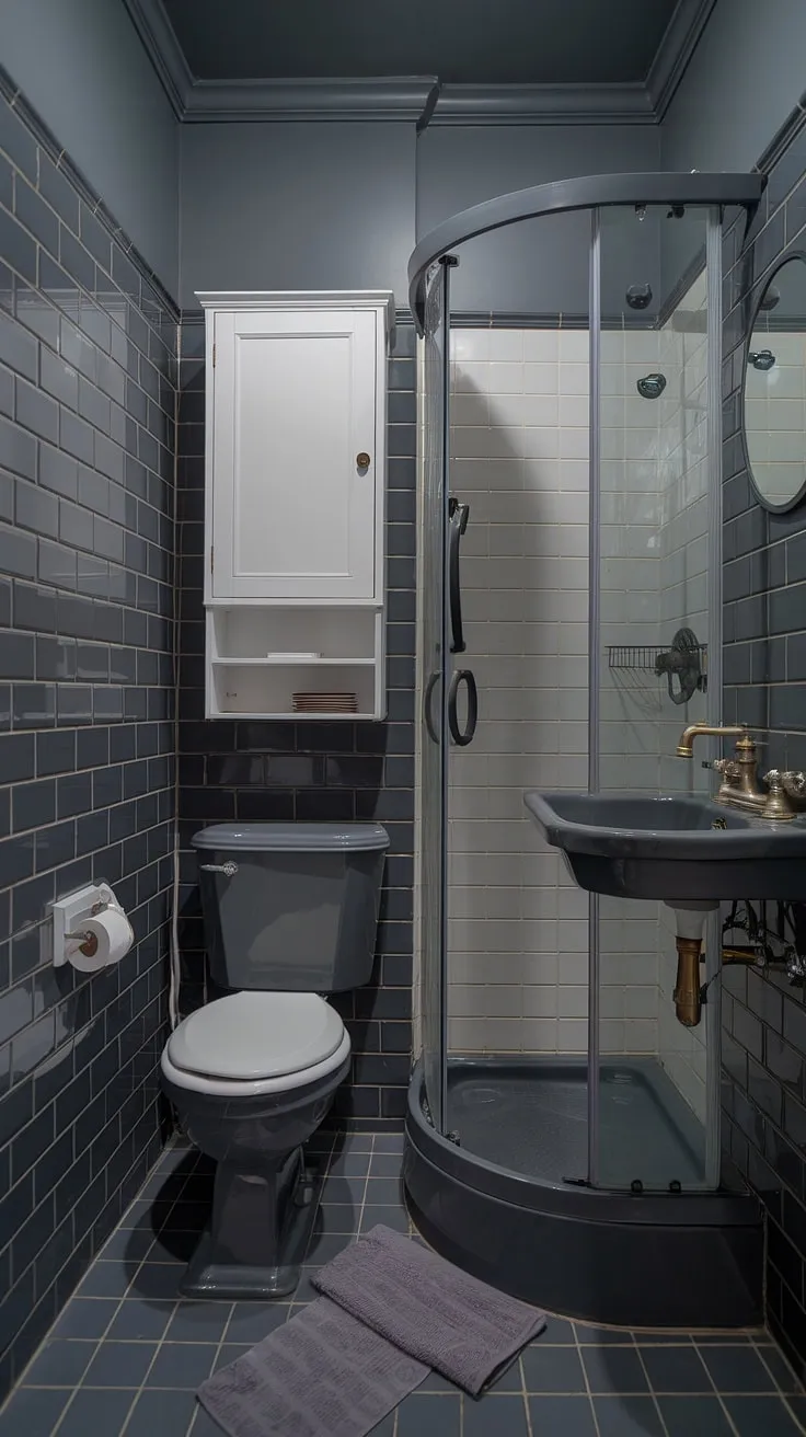 Sophisticated simplicity: This small grey bathroom proves that dark grey tile bathrooms can be both stylish and functional. Grey bathroom designs don't have to be boring; this space showcases the beauty of grey bathroom tiles and clever bathroom design styles.