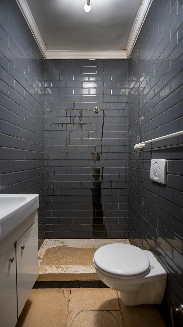 This small grey bathroom, showcasing a dark grey tile bathroom design, demonstrates how even limited space can benefit from stylish grey bathroom tiles. The dark bathrooms trend is evident in the sophisticated grey bathroom designs, though some water stains near the shower suggest the need for updated bathroom paint. The beige floor tiles offer a subtle contrast to the grey bathroom's overall aesthetic.