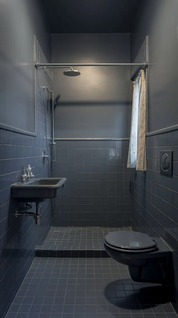 This small grey bathroom showcases a sophisticated and calming design. The dark grey tile flooring and walls, complemented by grey bathroom fixtures, create a cohesive and modern aesthetic. The subtle grey bathroom paint and a thoughtfully placed window with a curtain add depth and prevent the small grey bathrooms space from feeling cramped. This exemplifies some of the best grey bathroom designs and bathroom design styles for maximizing space and impact.