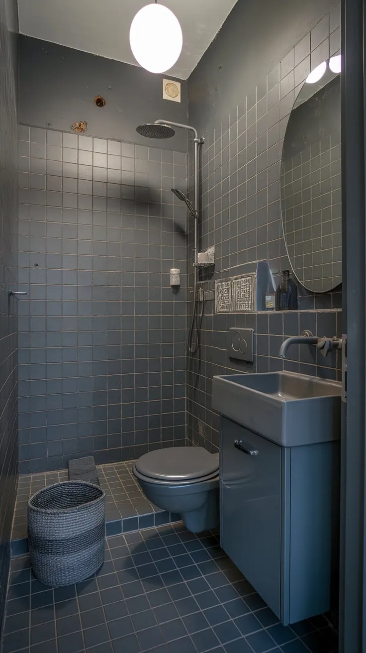 This small grey bathroom showcases a cohesive grey bathroom design, utilizing dark grey tile bathroom walls and floor for a sleek, modern aesthetic. The grey bathroom tiles and grey faucet complement the dark bathrooms trend, while the grey cabinet under the sink adds practical storage. Note the subtle imperfections in the bathroom paint and wall, adding character to this compact space. This exemplifies some of the best grey bathroom designs and bathroom design styles for small grey bathrooms.