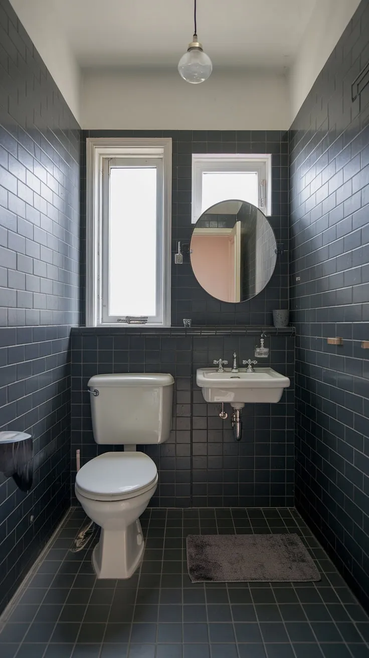 A chic and compact dark grey tile bathroom. This grey bathroom design expertly balances the drama of dark bathrooms with the lightness of white accents. The grey bathroom tiles are the star of the show, creating a cohesive and stylish look. This small grey bathrooms design proves that even limited space can accommodate sophisticated bathroom design styles. Note the thoughtful use of a small rug to add warmth and texture.