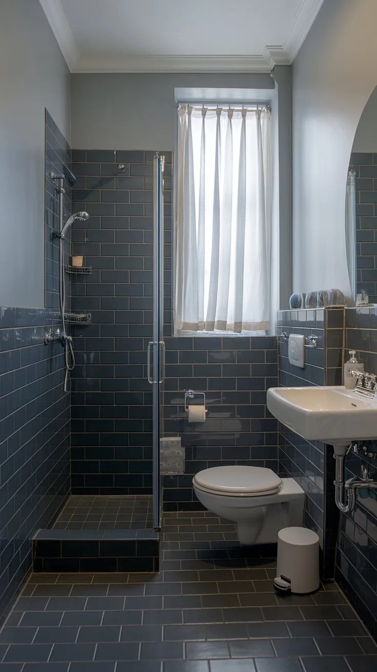 Dark bathrooms done right. This grey bathroom showcases the elegance of dark grey tile bathroom, proving that bathroom paint and bathroom design styles can transform even the smallest space.