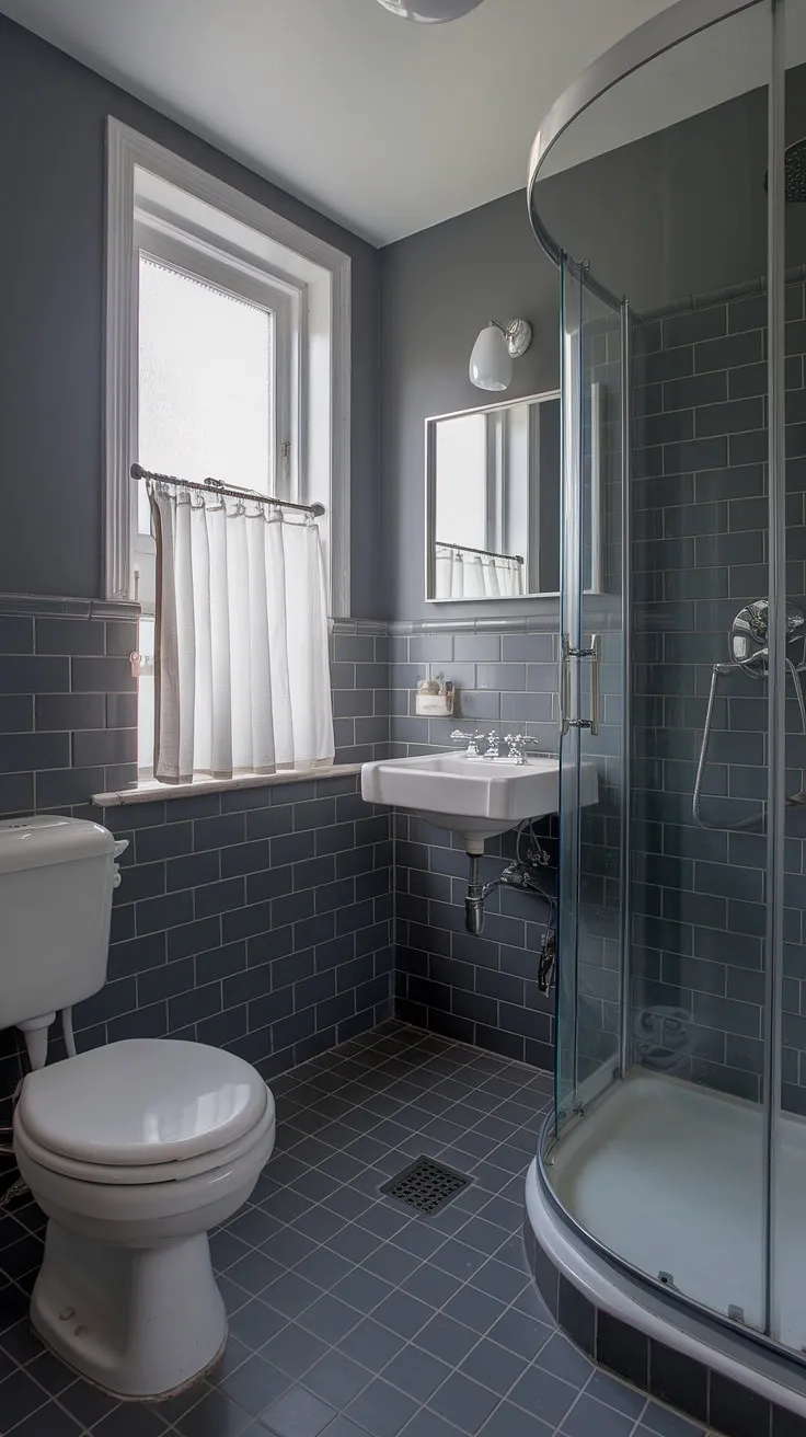 The dark grey tile bathroom is a study in minimalist elegance. Grey bathroom designs often prioritize functionality, and this space is no exception. The grey bathroom tiles, coupled with the strategic use of white accents, create a sense of spaciousness despite its compact size. This small grey bathrooms design demonstrates how effective dark bathrooms can be when paired with thoughtful lighting and window placement. The overall effect is a chic and functional space, showcasing the best of current bathroom paint and bathroom design styles.