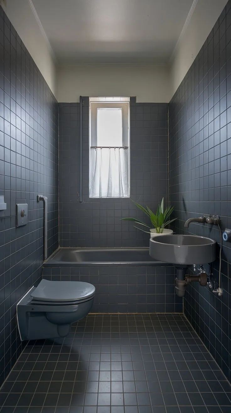 Serene and sophisticated, this gray bathroom showcases the beauty of dark grey tile bathroom designs. Small grey bathrooms can be incredibly stylish.