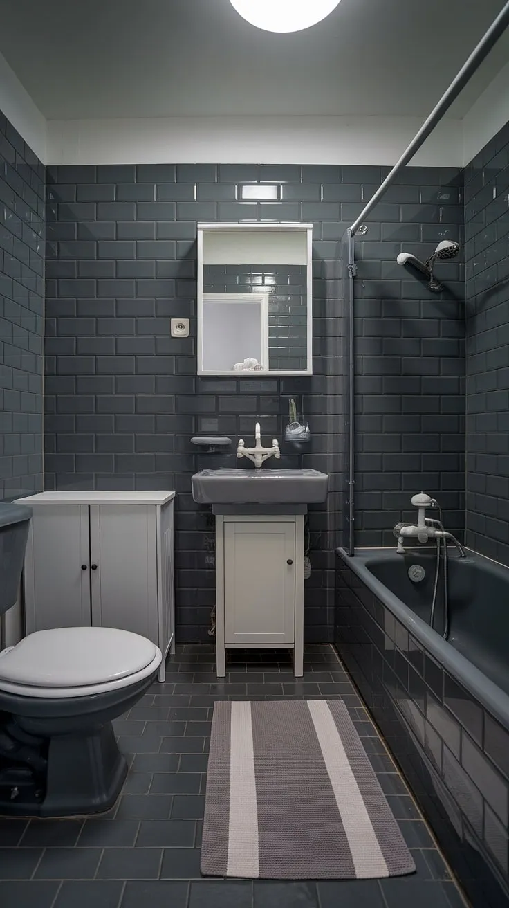 This dark grey tile bathroom proves that dark bathrooms can be bright and airy. Grey bathroom designs don't have to be boring; explore the possibilities of grey bathroom tiles and strategic bathroom paint choices for a stunning small space.