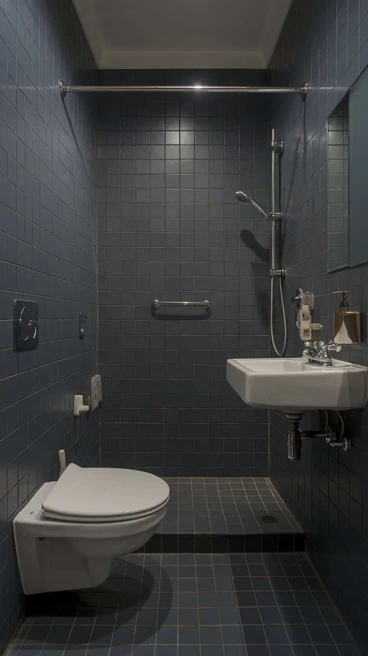 Sleek and sophisticated, this small grey bathroom proves that dark grey tile bathrooms can be both stylish and functional. Grey bathroom designs don't have to be large; this space showcases clever use of grey bathroom tiles and bathroom paint to maximize impact.