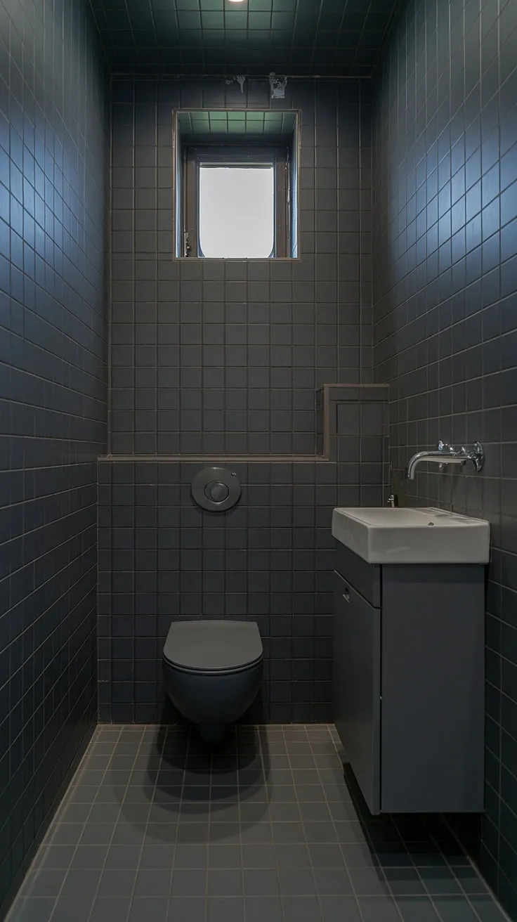 This small grey bathroom showcases a sophisticated minimalist design. The dark grey tile bathroom features grey bathroom tiles on the walls and floor, creating a cohesive and calming atmosphere. A grey cabinet and matching toilet complement the white sink with a grey faucet. The high-placed window allows for natural light, while the overall grey bathroom designs exemplify modern bathroom design styles. The dark bathrooms trend is perfectly captured here, though the strategic use of white prevents the space from feeling too oppressive. No need for bathroom paint here, the tiles do all the talking.