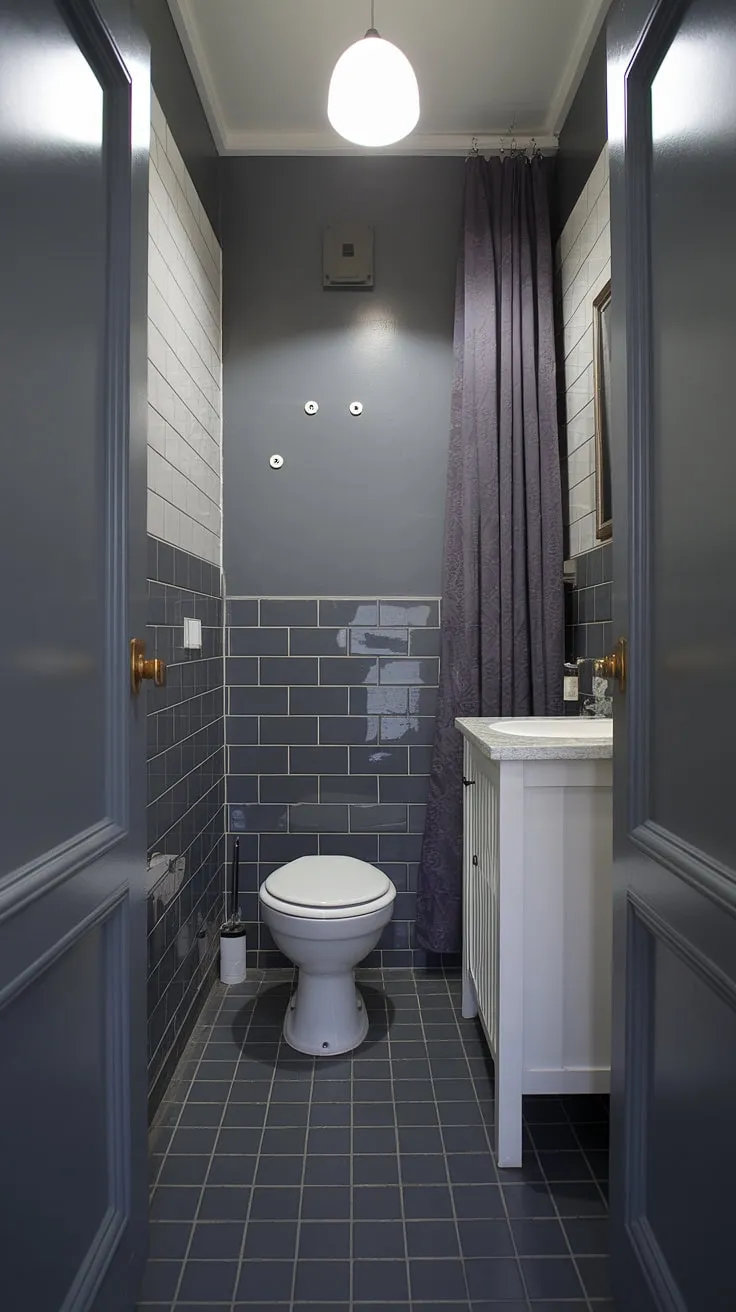 Dark bathrooms don't have to be gloomy! This dark grey tile bathroom showcases how effective grey bathroom designs can be in even small grey bathrooms. Note the clever use of bathroom paint and bathroom design styles.