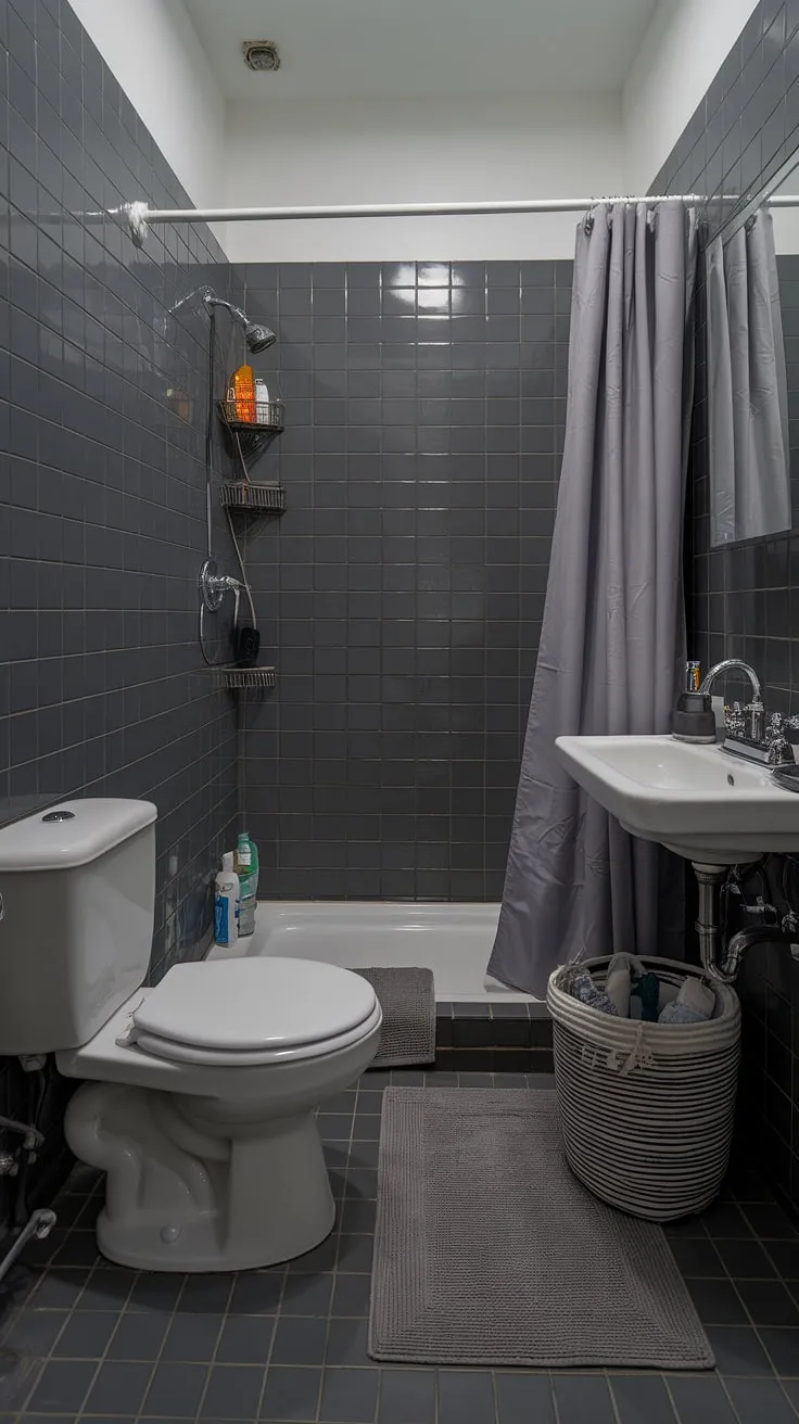 This small grey bathroom boasts a sophisticated and calming atmosphere. The dark grey tile bathroom floor and walls create a sleek backdrop for the crisp white fixtures, showcasing a stylish blend of grey bathroom designs. The grey bathroom tiles add depth and texture, while the bright lighting keeps the space feeling airy despite its compact size. A simple grey rug under the sink and a grey shower curtain complement the overall bathroom design styles. The choice of dark bathrooms, paired with strategic lighting, is a testament to the versatility of bathroom paint in creating a modern and inviting space.