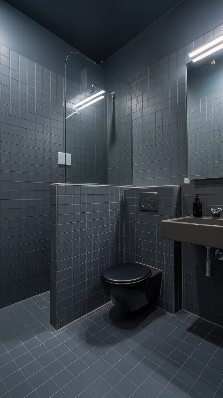 Sleek and sophisticated, this small grey bathroom maximizes space with minimalist grey bathroom designs and dark grey tile bathroom flooring. The perfect blend of dark bathrooms and bright lighting showcases the beauty of grey bathroom tiles.