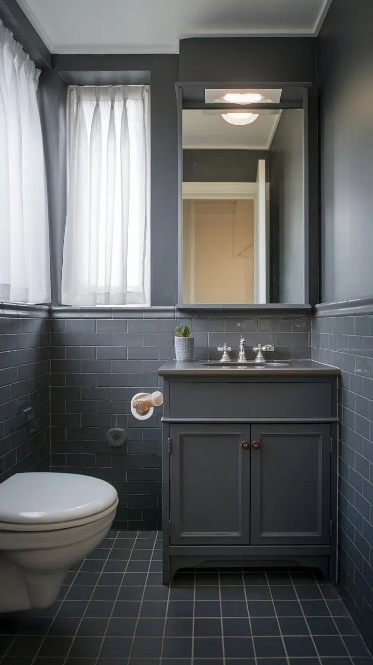 A stunning example of grey bathroom designs in a small space. The dark grey tile bathroom features a calming atmosphere, showcasing how effective grey bathroom tiles can be in even the smallest grey bathrooms. Note the thoughtful bathroom design styles and use of bathroom paint.