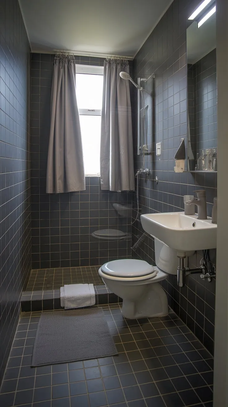 Dark bathrooms done right: This dark grey tile bathroom showcases how impactful grey bathroom tiles can be in small grey bathrooms. The bathroom design styles are minimalist yet elegant, proving that less is more.