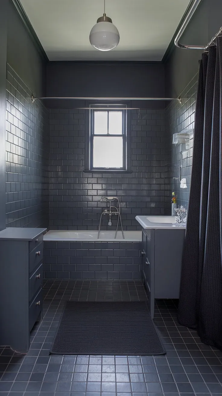 This dark grey tile bathroom proves that dark bathrooms can be bright and airy. The clever use of bathroom paint and bathroom design styles maximizes the light in this small grey bathrooms space.