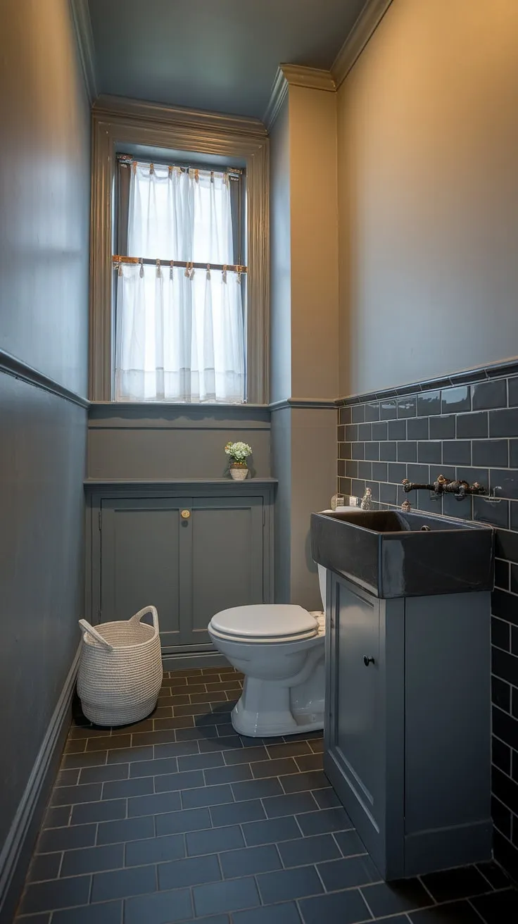 Warm lighting enhances the calming atmosphere of this dark grey tile bathroom. The grey bathroom's small size is maximized with thoughtful grey bathroom designs, featuring a mix of light grey bathroom paint and dark grey tiles. The simple yet elegant grey sink, dark grey faucet, and grey cabinet, along with the white toilet and basket, demonstrate how effective monochromatic palettes can be in bathroom design styles. This is a perfect example of how to create a stylish and functional space in small grey bathrooms.