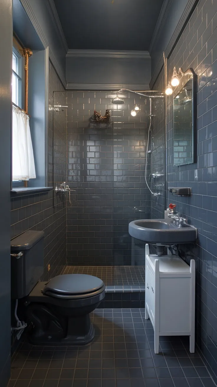 The dark grey tile bathroom is a masterclass in compact design. This grey bathroom utilizes dark grey tiles throughout, creating a dramatic yet calming effect. The simple white cabinet adds a touch of brightness, while the window with its curtain softens the overall look. This exemplifies some of the best grey bathroom designs and demonstrates how effective bathroom paint choices can be in small spaces. Explore these bathroom design styles for inspiration in your own renovation.