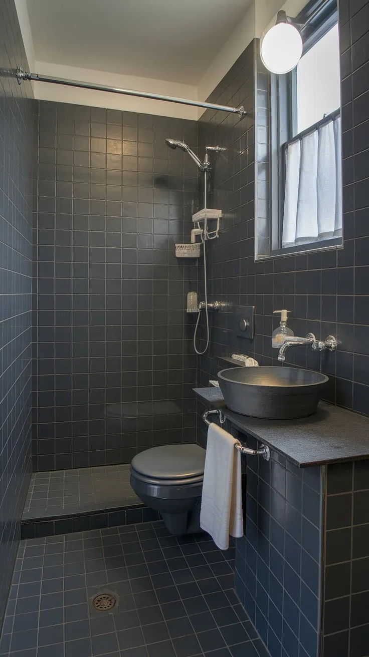 A stunning example of grey bathroom designs in a compact space. This dark grey tile bathroom utilizes dark bathrooms' inherent elegance. The grey bathroom tiles create a seamless look, while the small grey bathrooms layout is maximized with thoughtful placement of the sink, toilet, and shower. The white light fixture and towel offer a bright contrast against the dark grey tile bathroom. This bathroom design styles showcases how effective a simple color palette can be.
