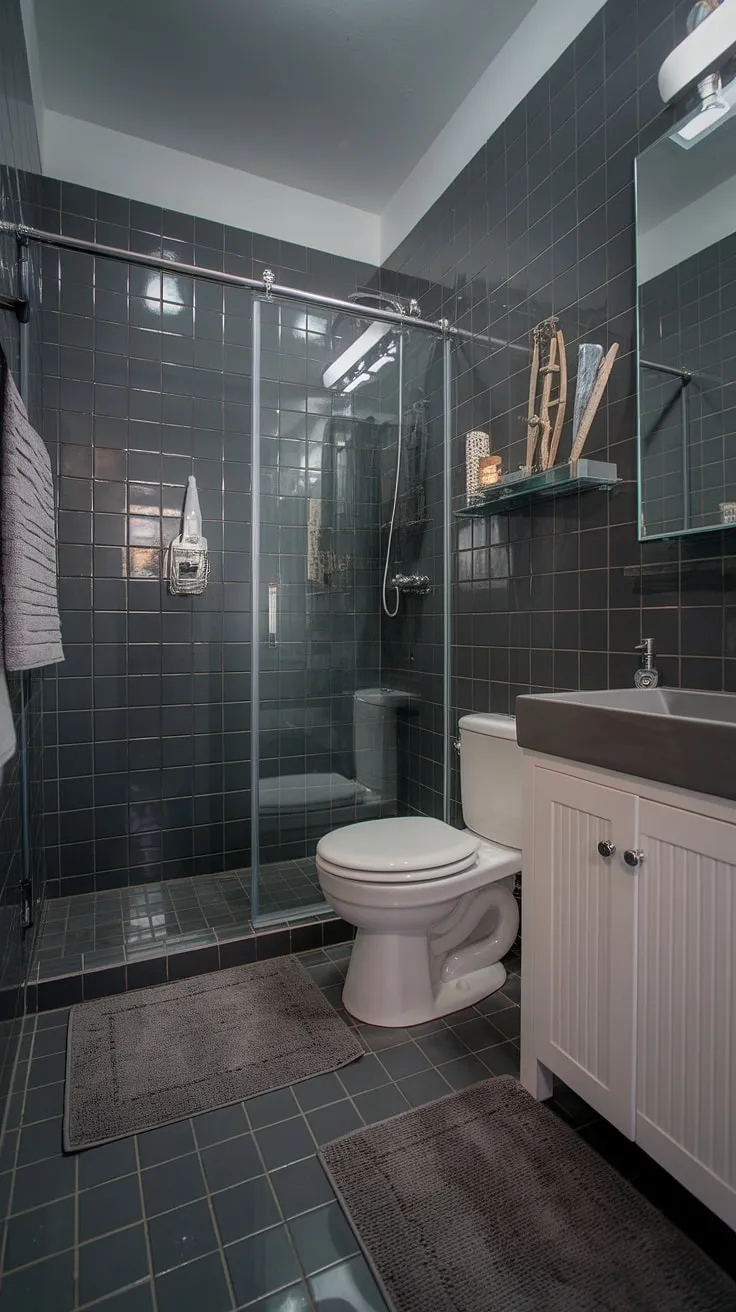 This dark grey tile bathroom showcases how impactful grey bathroom tiles can be in even small grey bathrooms. The glossy finish and thoughtful bathroom design styles maximize light, proving that dark bathrooms can be bright and inviting.