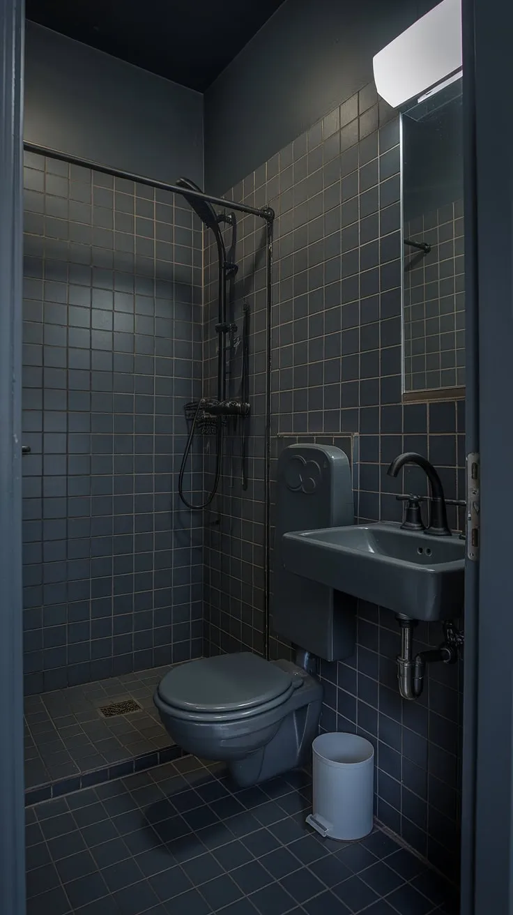 Subtle sophistication in this small grey bathroom. Dark grey tile bathroom creates a moody atmosphere, showcasing unique grey bathroom designs and the impact of grey bathroom tiles on bathroom design styles. The dark bathrooms trend is flawlessly executed here.