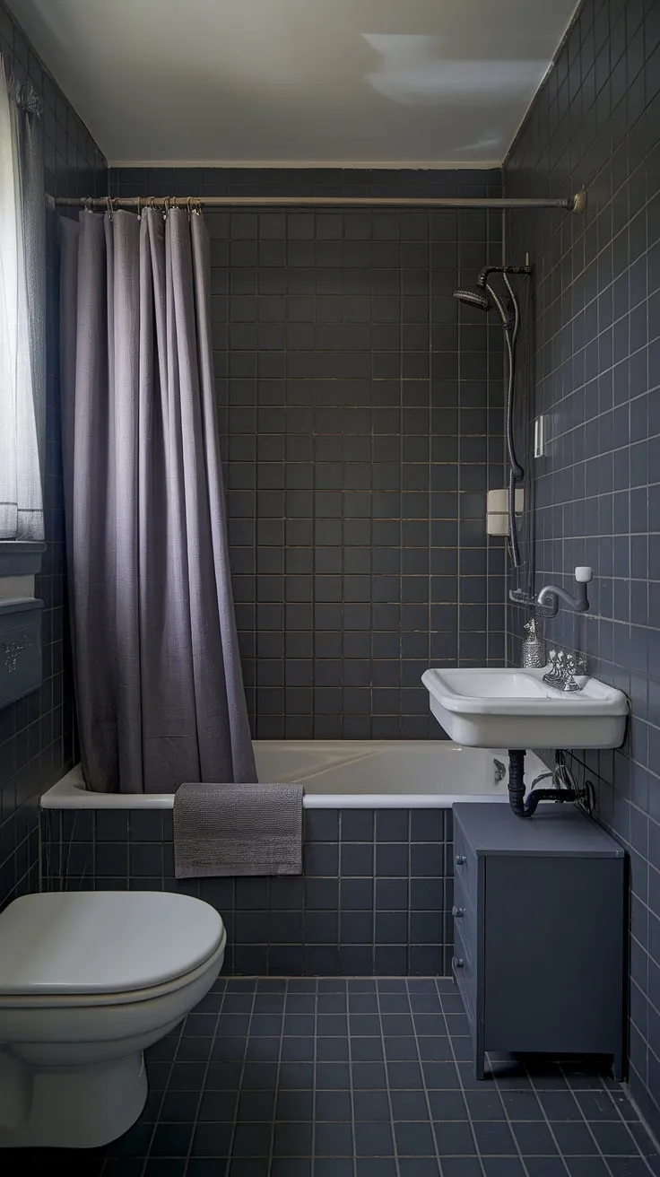 This small grey bathroom showcases a minimalist design aesthetic. Dark grey tile bathroom walls and floors create a sophisticated backdrop for the white bathtub and sink, complemented by grey accents in the curtain, faucet, and cabinet. The grey bathroom tiles and subtle window curtain add to the calming atmosphere. This exemplifies some of the best grey bathroom designs and offers inspiration for dark bathrooms and small grey bathrooms. The overall effect is a serene and stylish space, a testament to thoughtful bathroom design styles.