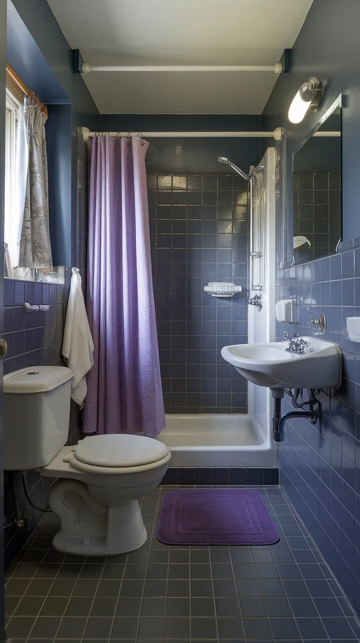 This small grey bathroom proves that dark grey tile bathrooms can be bright and airy. Clever grey bathroom designs maximize space, showcasing the beauty of grey bathroom tiles and a surprisingly versatile bathroom paint choice.
