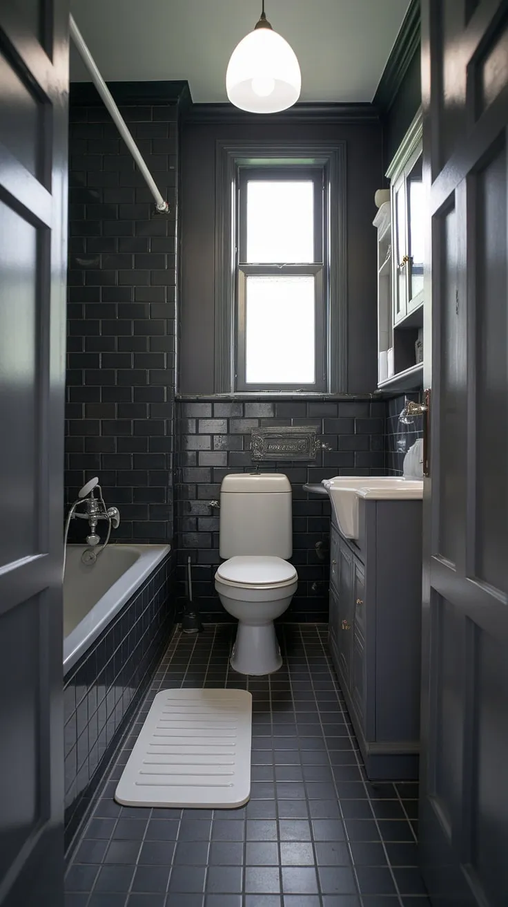 This small grey bathroom, a study in sophisticated simplicity, showcases the elegance of dark grey tile bathroom designs. The grey bathroom tiles and moody atmosphere create a truly unique space.