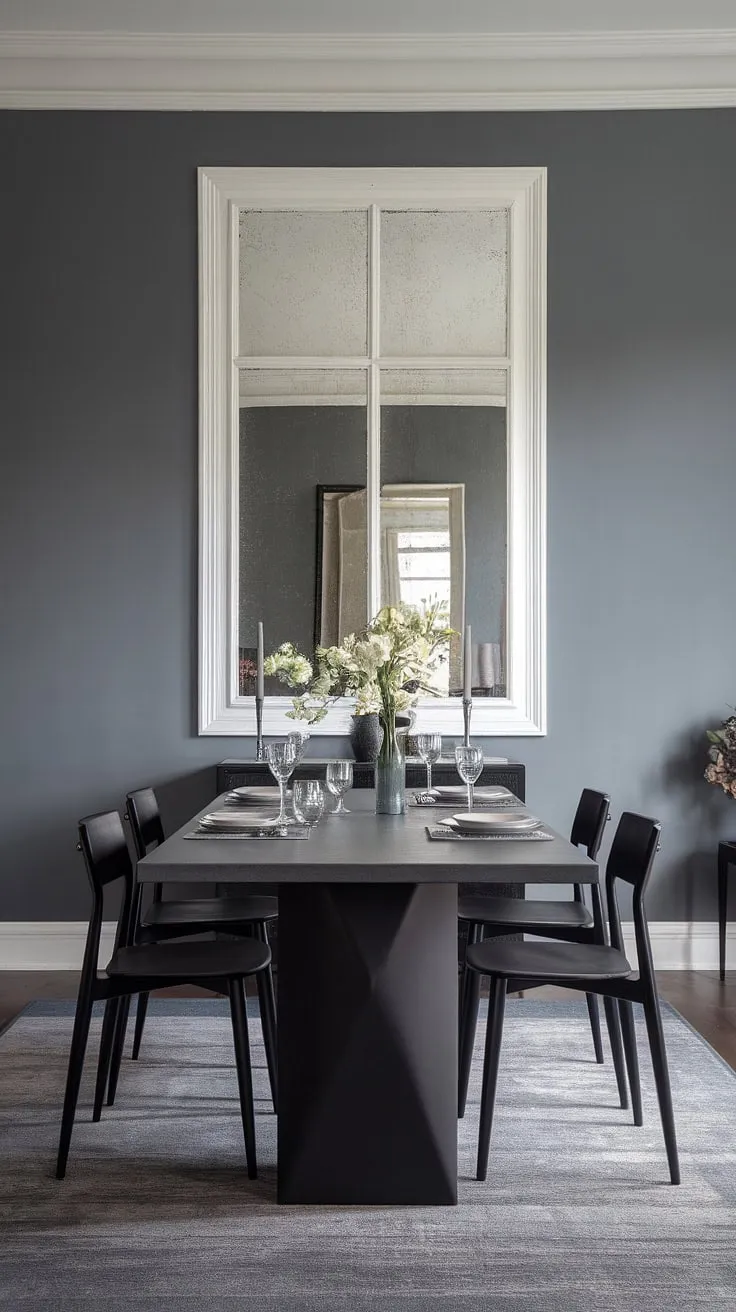 Sophisticated simplicity defines this gray dining room. The dark dining table, a modern dining table centerpiece, anchors the space, complemented by chic dining room table decor and modern home decor elements.