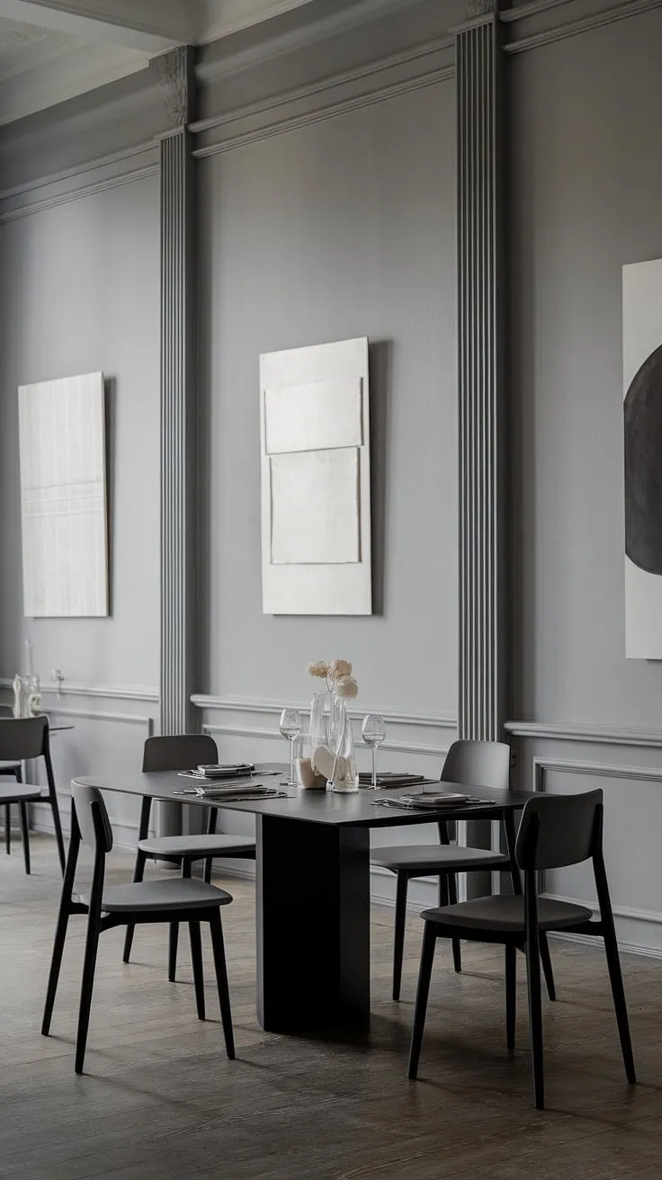 Gray dining room goals achieved. This modern dining table and dark dining table setup, complete with minimalist art, offers endless dining table decor ideas for your own chic dining room design and modern home decor.