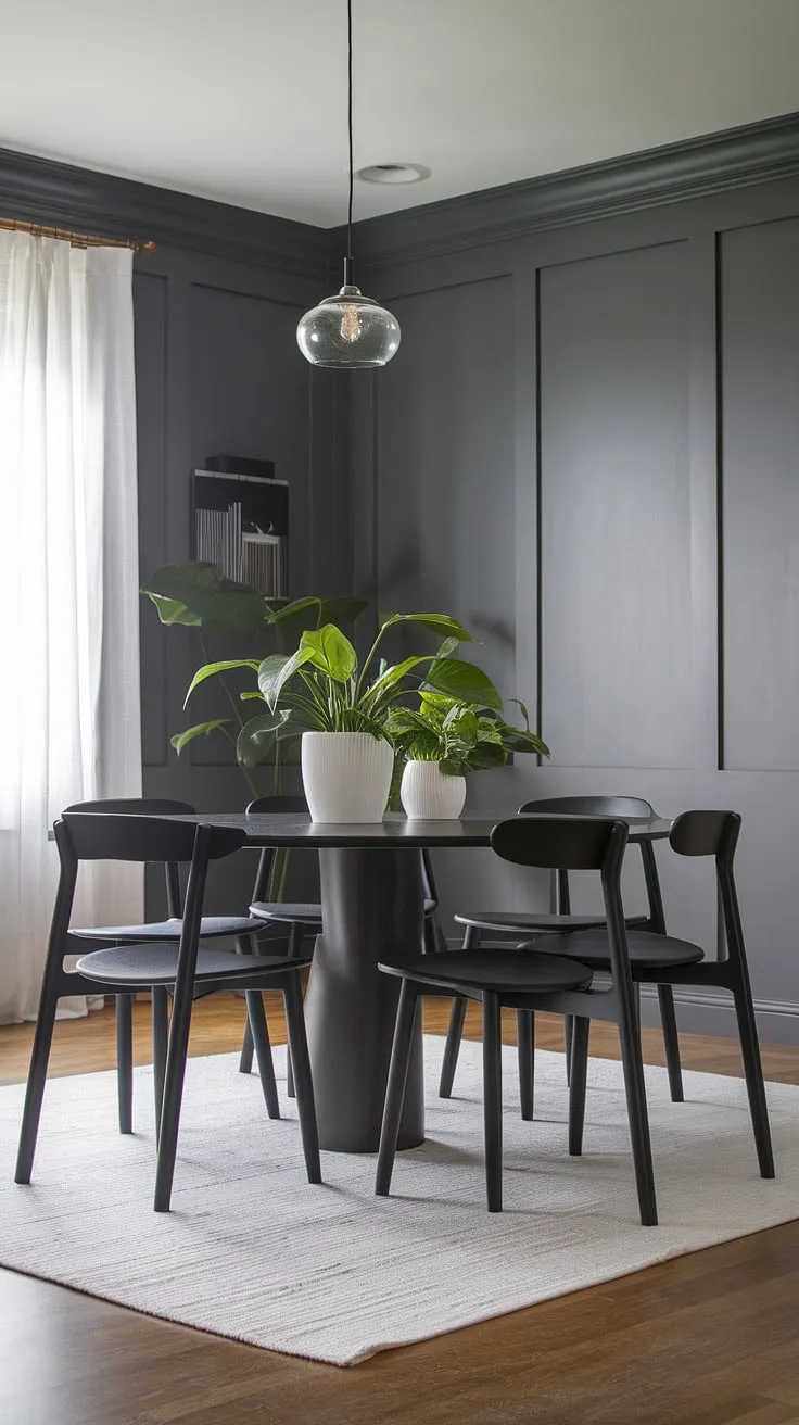 A stunning example of modern home decor, this gray dining room showcases a black dining table as a centerpiece. The dark dining table's sleek lines are perfectly complemented by the minimalist black chairs and white rug. This dining room ideas showcase a chic dining room table, offering inspiration for your own dining room design and dining table decor ideas.
