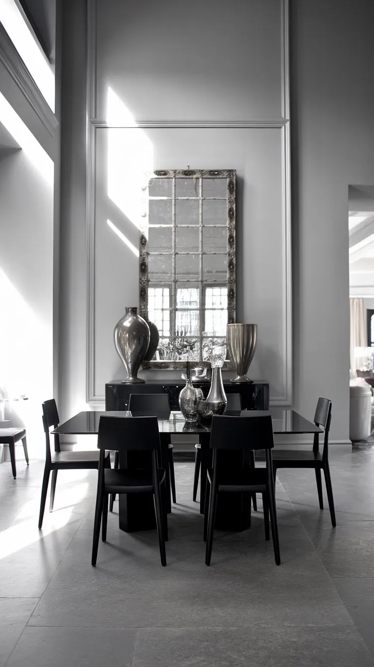 A stunning example of gray dining room design, this space features a black dining table that's both modern and chic. The dark dining table, set against the light gray walls and floor, creates a striking contrast. This sophisticated dining room, perfect for gathering, showcases inspiring dining room ideas and chic dining room table styling.