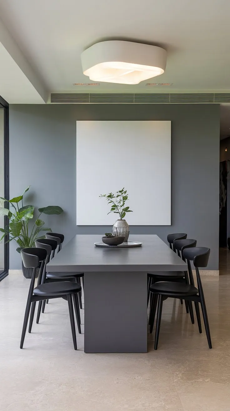 A modern dining table takes center stage in this gray dining room, showcasing a stunning example of dining table decor ideas. The black dining table's sleek lines and dark finish complement the minimalist aesthetic, creating a sophisticated and inviting atmosphere. This dining room design, with its gray walls and beige tiles, offers inspiration for anyone seeking chic dining room table solutions within a modern home decor setting.