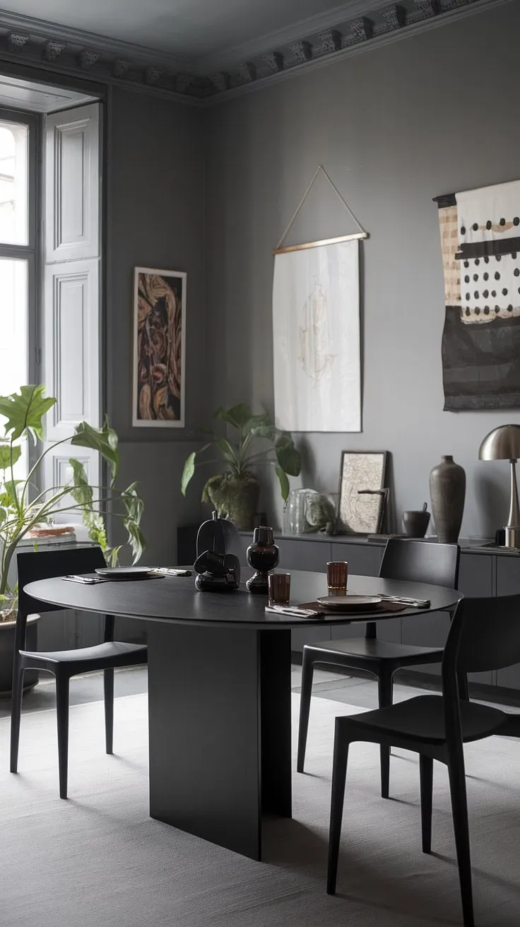 Sophisticated simplicity: This gray dining room showcases a stunning black dining table, perfect for modern dining room ideas. The dark dining table anchors the chic dining room table setting, offering endless dining table decor ideas.