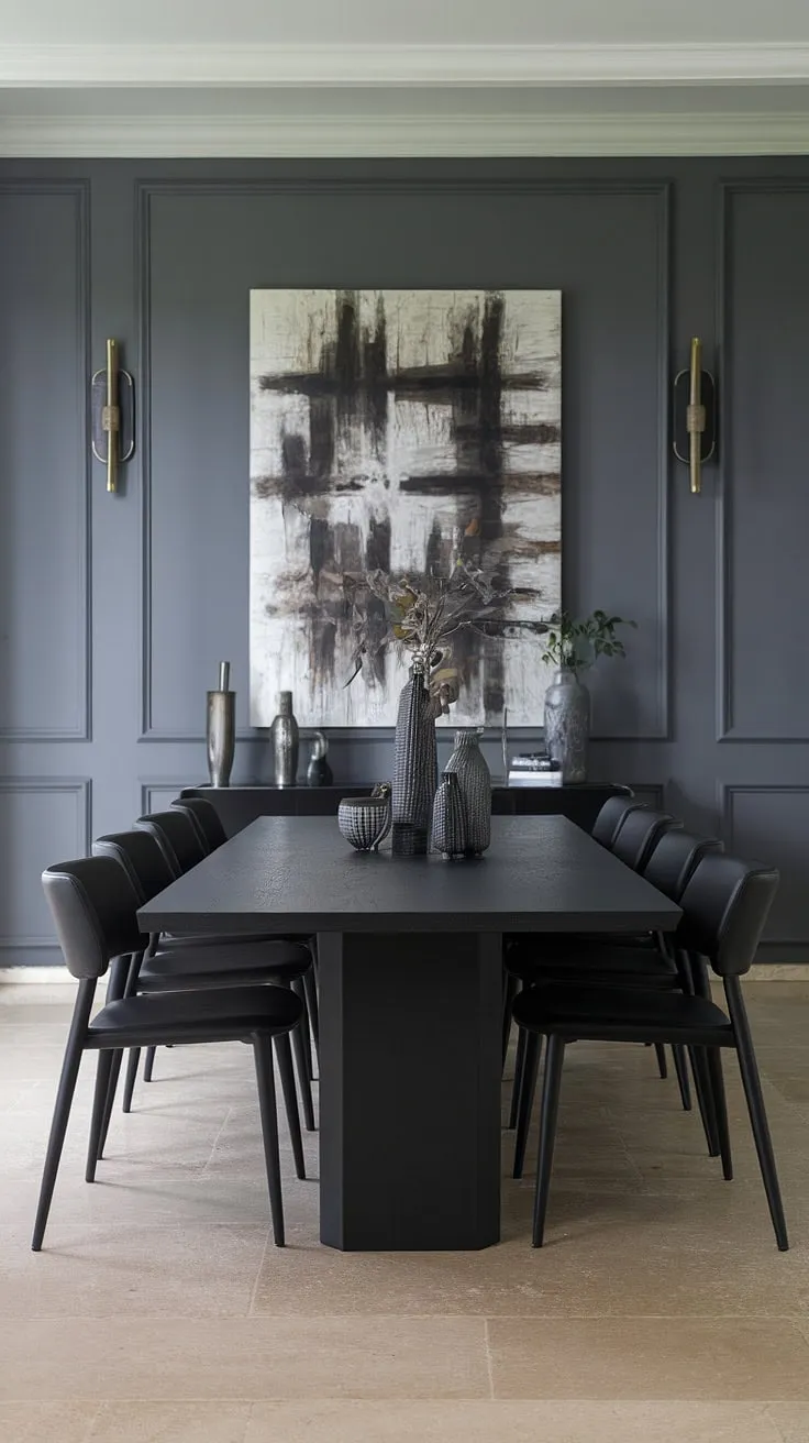 A stunning example of dining room design, this space showcases a modern dining table in black against a calming gray backdrop. The chic dining room table is surrounded by contemporary chairs, creating a sophisticated dining table decor ideas. The large abstract artwork elevates the overall look, making this gray dining room a true testament to modern home decor. The beige tiles add warmth to the space.