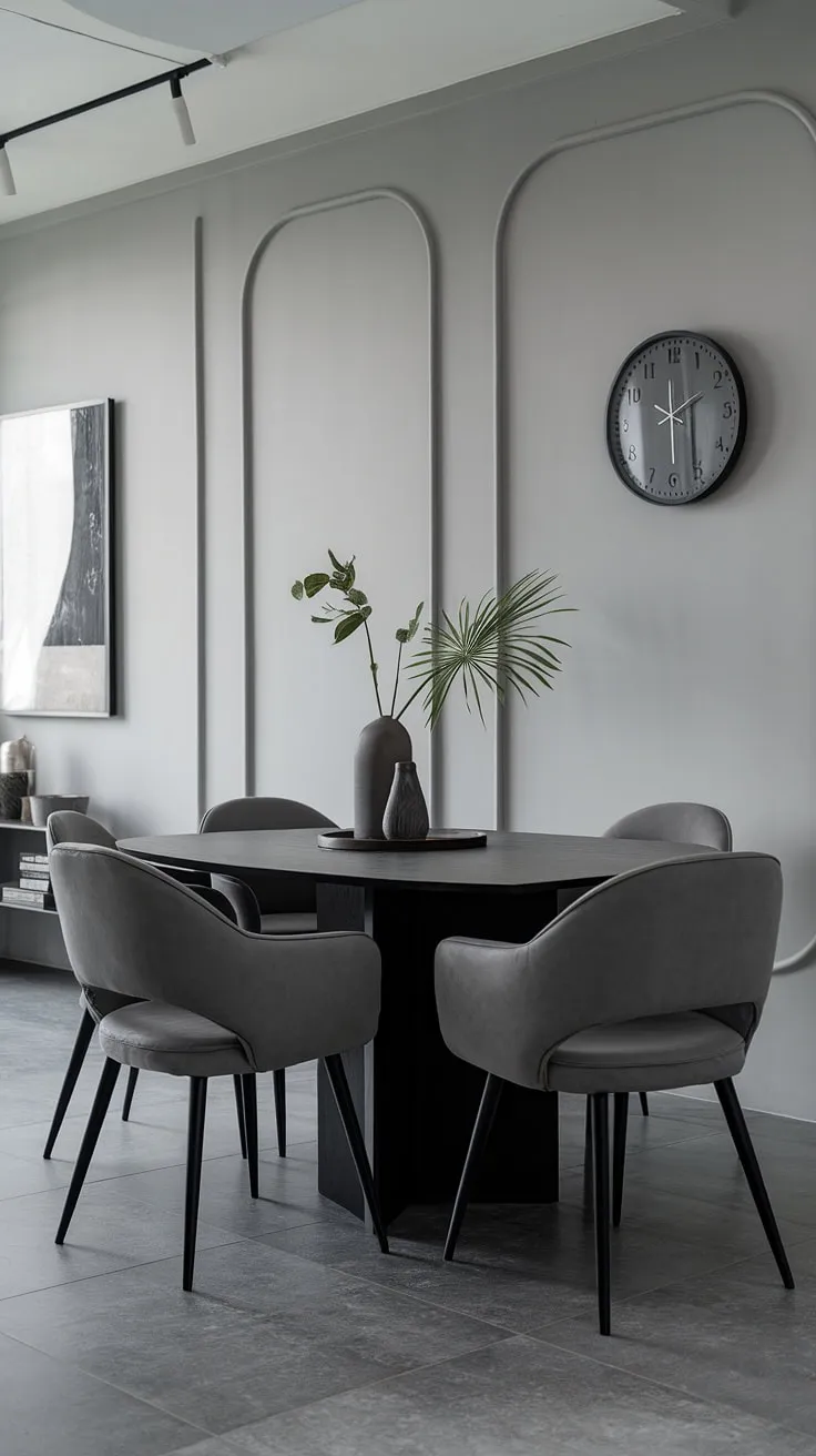 A dark dining table takes center stage in this sophisticated gray dining room. The black dining table's modern design is complemented by the stylish gray chairs and minimalist decor. This dining room design is a masterclass in understated elegance, offering plenty of dining room ideas and inspiration for your own dining table decor ideas. The gray tiles and light gray walls create a cohesive and calming modern home decor aesthetic.
