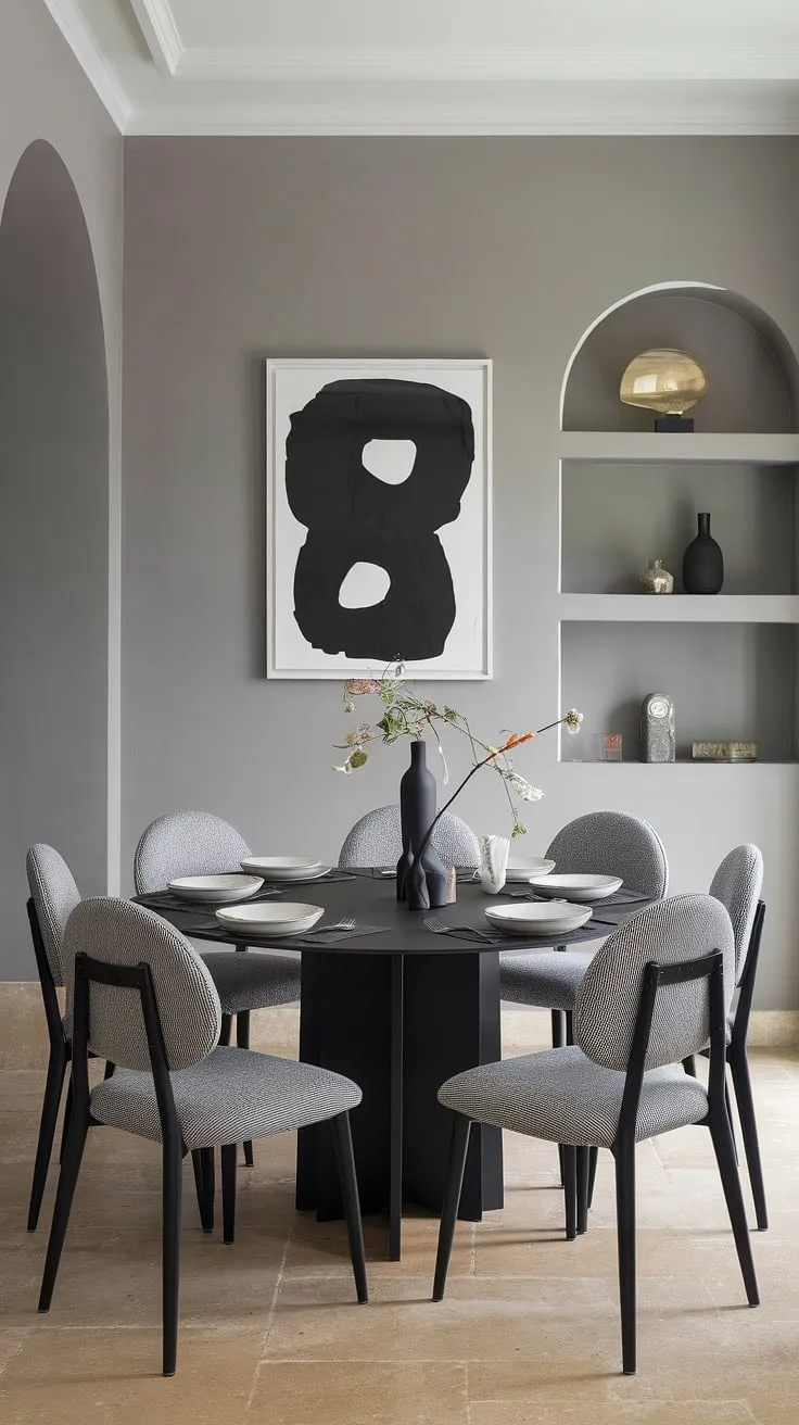 Sophisticated gray dining room design featuring a chic dining room table: a dark dining table, modern dining table, and black dining table all in one. The gray chairs with subtle white patterning complement the modern home decor, while the black and white abstract art above adds a touch of personality. This dining room ideas showcase how a simple color palette can create a stunning space. Consider this for your own dining table decor ideas.