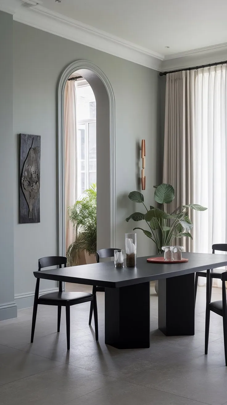 Sophisticated serenity: This gray dining room design, featuring a chic black dining table and modern home decor, offers endless dining table decor ideas.