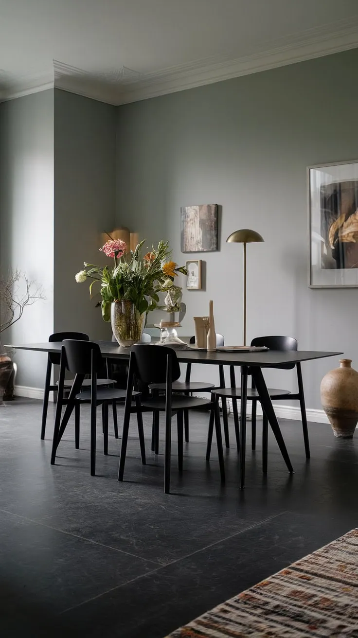 Gray dining room elegance redefined. A modern dining table in black, complemented by thoughtful dining table decor ideas, creates a stunning focal point in this chic dining room table setting.