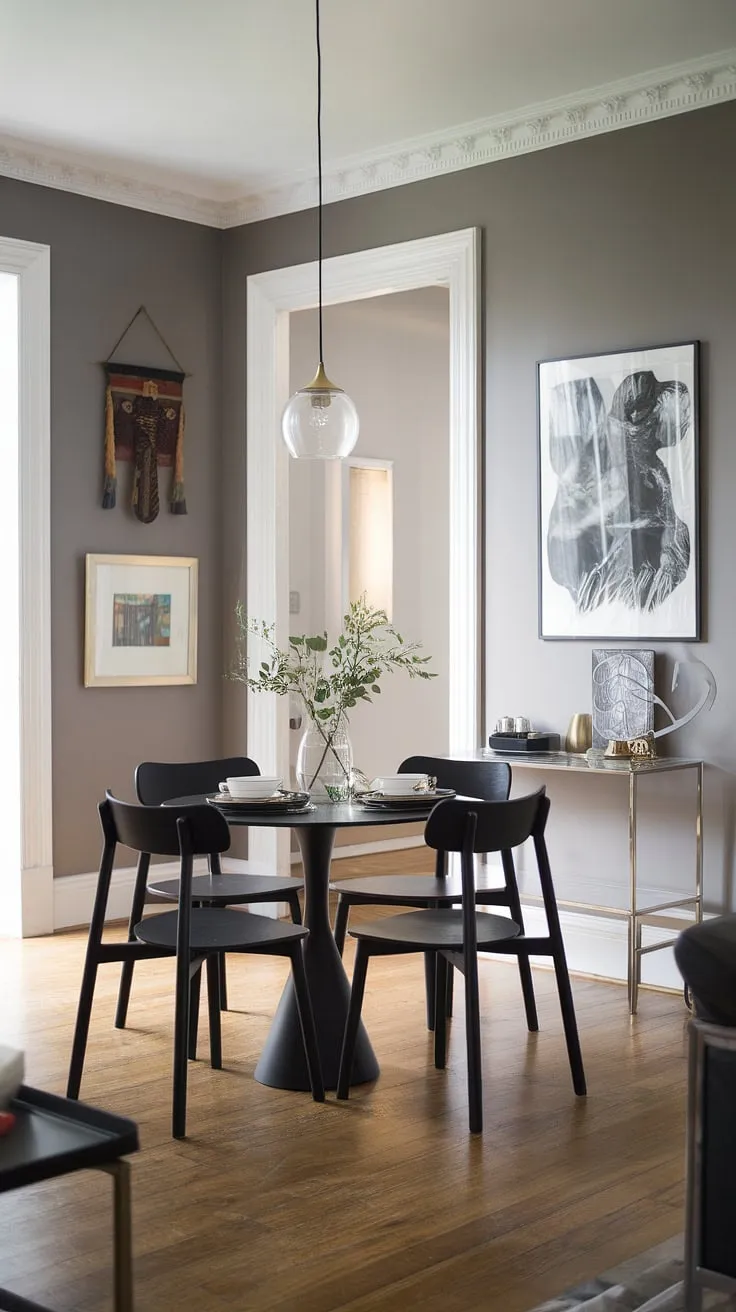 Sophisticated and sleek, this gray dining room showcases a modern dining table design. The black dining table, a statement piece in itself, is perfectly complemented by the chic dining room table setting and the warm hardwood floors. This dining room design offers plenty of dining table decor ideas for a modern home decor aesthetic. The dark dining table anchors the space, creating a dramatic yet inviting atmosphere.