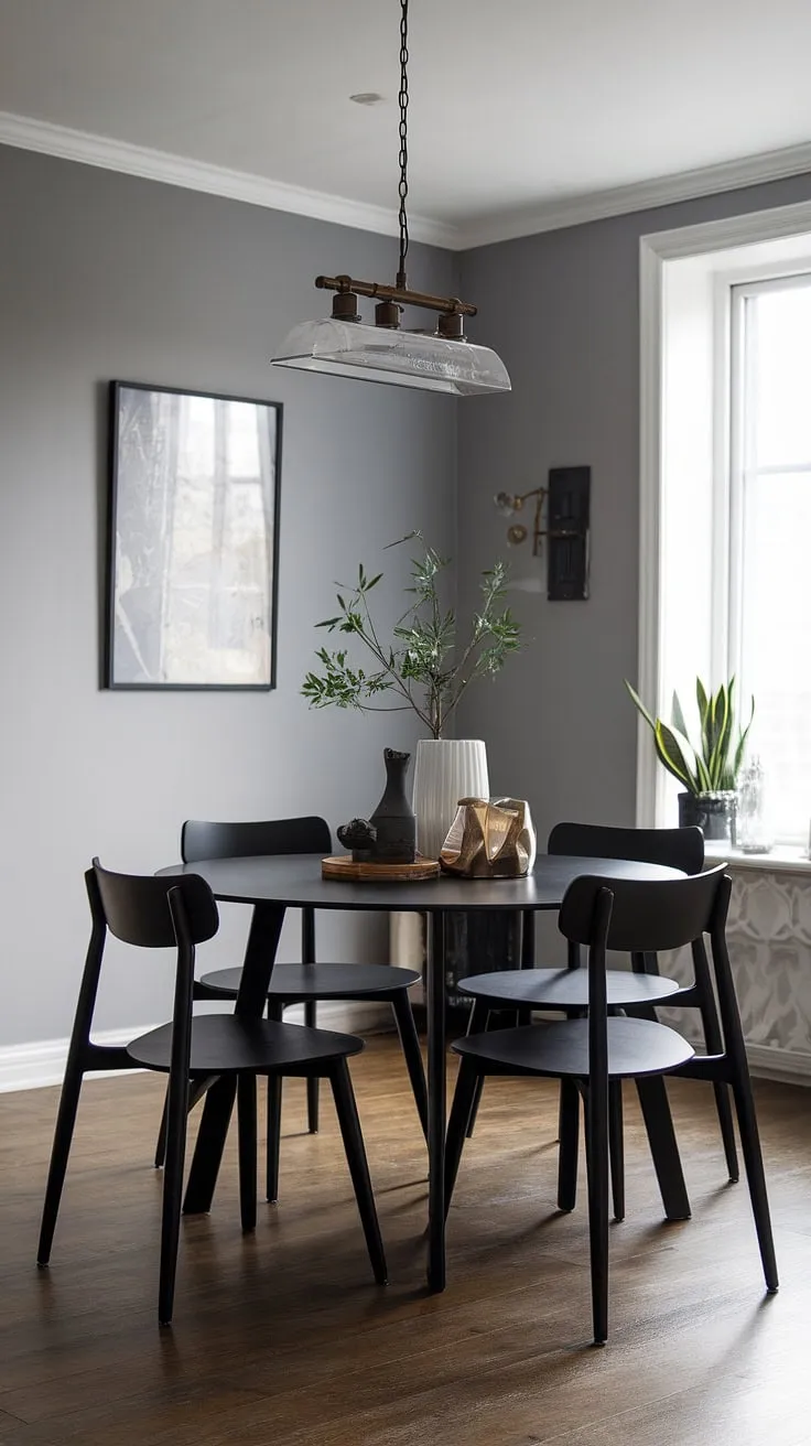 This chic gray dining room boasts a modern black dining table, a perfect example of sophisticated dining room design. The dark dining table is complemented by four sleek black chairs, creating a minimalist yet stylish atmosphere. A rustic light fixture adds warmth, while carefully chosen dining table decor ideas complete the look. This is a stunning illustration of modern home decor and offers plenty of dining room ideas for those seeking a contemporary feel.